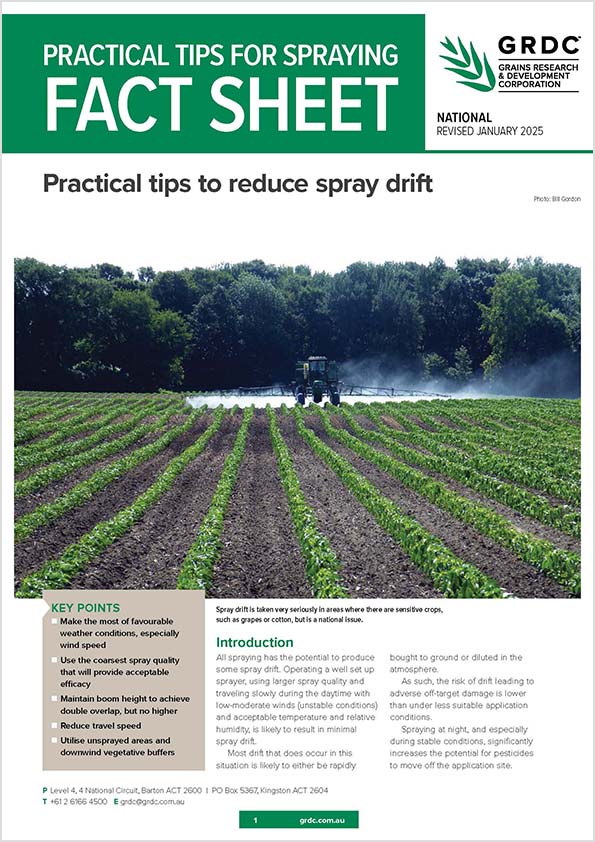 Practical tips for spraying fact sheet cover with text and image of crop sprayer with spray drift