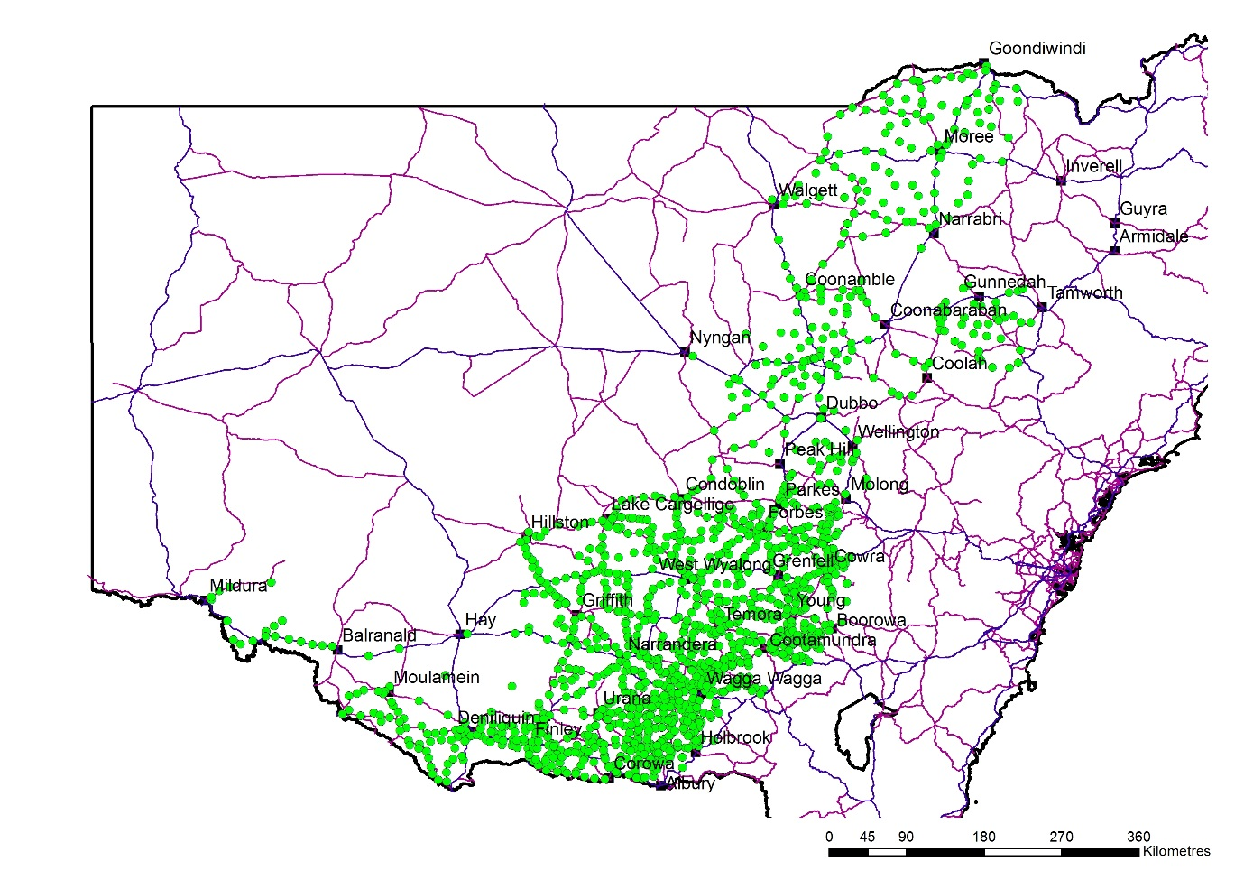 Figure 1 is a map of NSW that shows the locations visited for collection of samples during surveys (2007-2017)