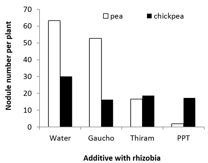Figure 4. Number of nodules formed following the exposure of rhizobia on seed to different additives for 24 hours under laboratory conditions. Significant differences were observed among treatments for pea – l.s.d. 5% of 23; chickpea: l.s.d. 5% of 15.