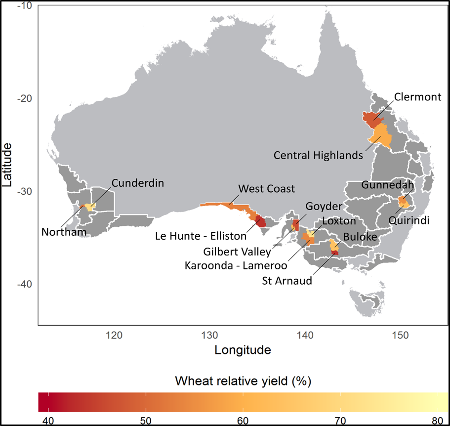 Map of Australia showing the locations of surveyed local statistical areas with contrasting average relative yields. 