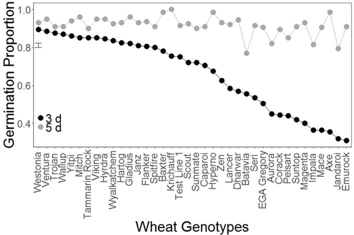 This is a scatter graph showing germination of wheat genotypes after 3 and 5 genotypes in a Petri dish. The analysis showed that there was a significant interaction effect between genotype and time (days) (P<0.001). The vertical bar on the left indicates the LSD between genotypes.