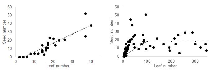 Graphs showing the relationship between seed production and leaf number according to location.