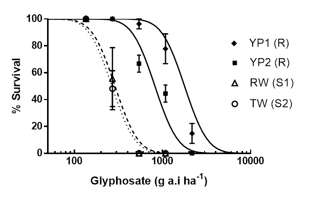 Line graphs showing the responses of glyphosate resistant barley grass populations and glyphosate susceptible barley grass populations to application of various concentrations of glyphosate 