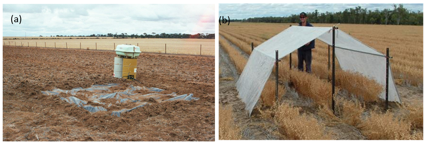 Two photographs of (a) Wetting up for DUL determination and photograph (b) rainout shelter used for CLL determination.