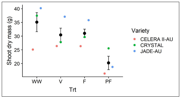 This scatter-plot shows Total shoot dry mass for the drought stress and well-watered treatments. WW: well-watered, V: water stress during vegetative growth; F: water stress during flowering, PF: water stress during pod-fill. Black dots represent the overall treatment means across all three varieties with standard error bars; the coloured dots show the means of each variety.