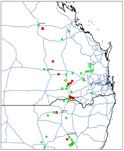 This is a map of glyphosate resistant and susceptible awnless barnyard grass populations across the northern grain cropping region. Red squares represent resistant populations while green circles represent susceptible populations.
