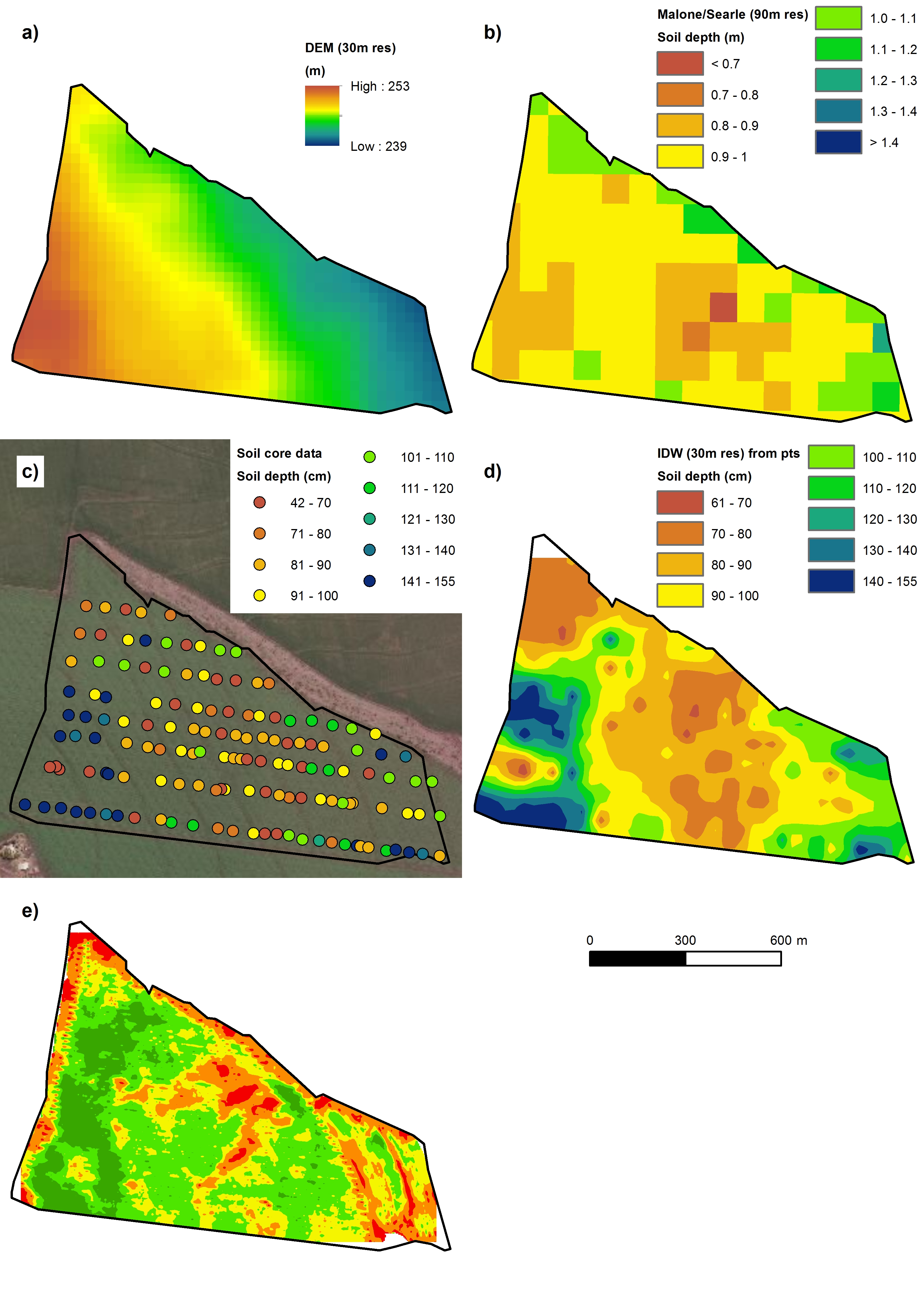 These five variations of a map show (a) Digital elevation model, (b) soil depth predicted by the national soil depth model of Malone and Searle (2020), (c) observed soil depths (data from Lynch and Dougall, 2007), (d) interpolated soil depth data and (e) yield map for the 2006 sorghum crop (data from Lynch and Dougall, 2007)