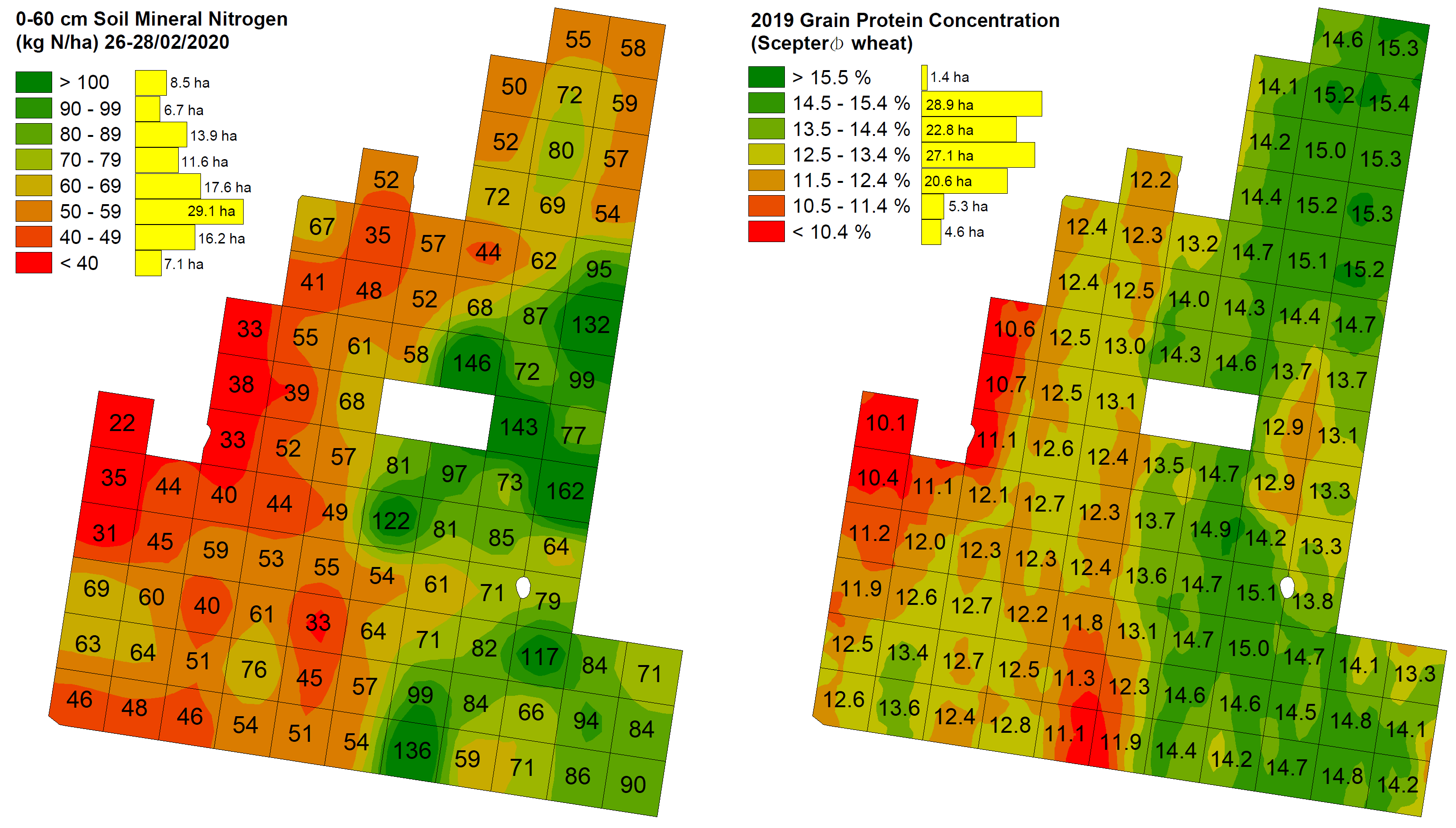 Figure 4 is a heat map of Temora site 0-60 cm SMN (kg N/ha) sampled 26-28/02/2020 (left) and 2019 wheat protein% (right). Pearson correlation coefficient (r) = 0.51, P < 0.0001. The far north of the paddock is a low-lying area that yielded poorly and was most likely severely impacted by both moisture stress and frost in 2019. Each cell size is 108 x 108 m, total area 110.7 ha.