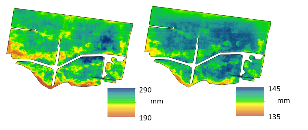 Maps of soil water for 0-90 cm at 30 m spatial resolution on August 31st 2020 (left) and total soil plant available water (PAW) (right).