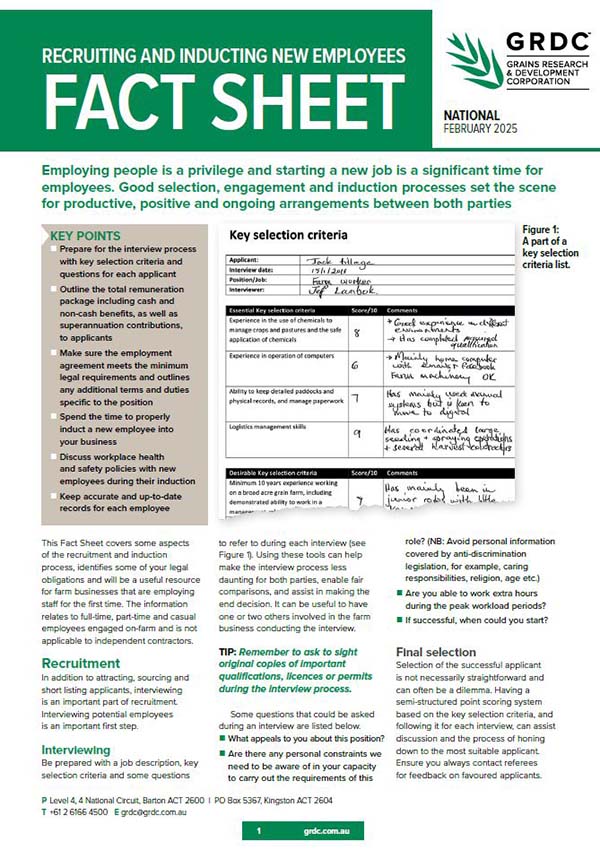 Cover of fact sheet with text and an image of form with comments against a range of selection criteria, illustrating the kind notes to take during an interview.