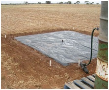 Field set up for the measuring DUL and BD; shows trickle irrigation header tank and hose, and a plastic cover over section of field.