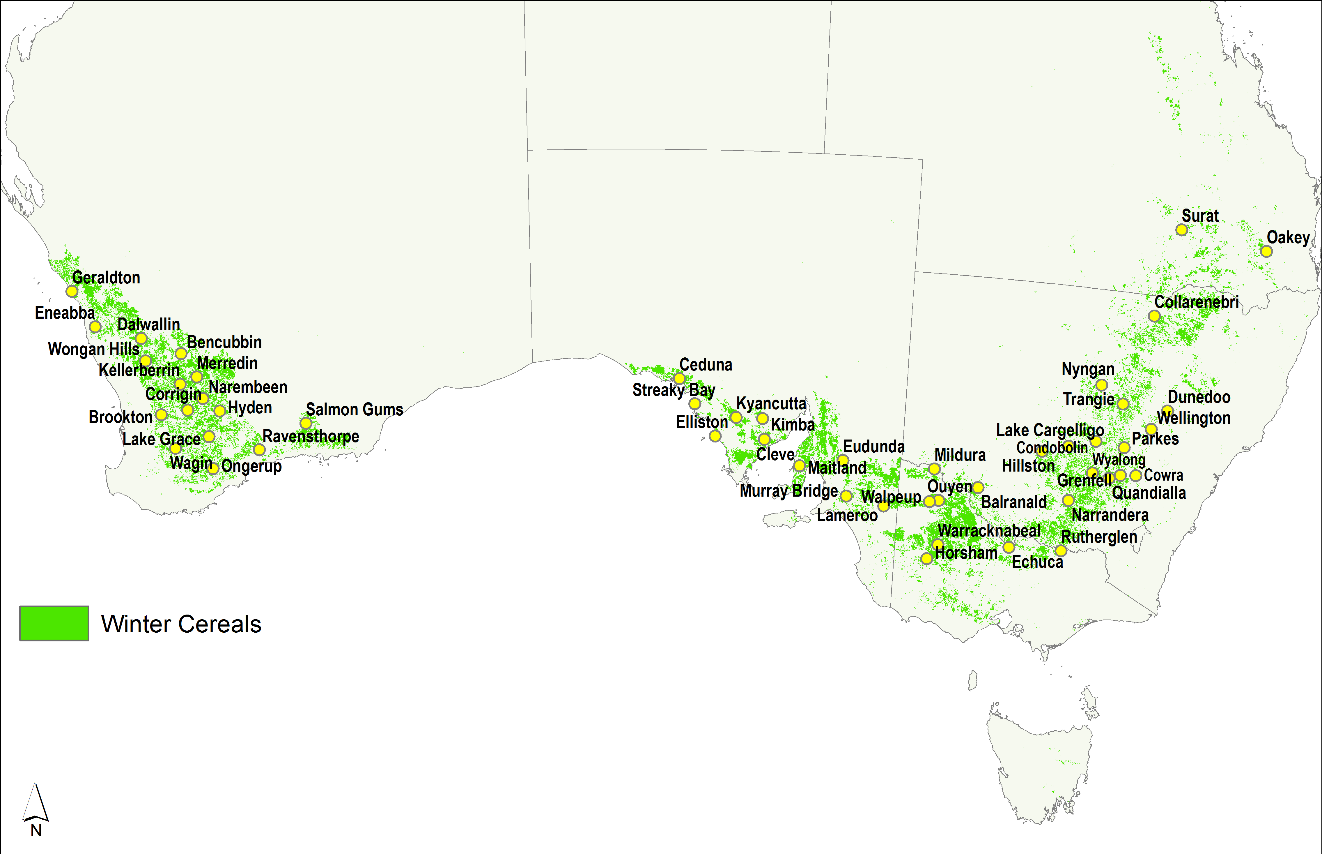 Map of Australian grains regions showing fifty high quality weather stations and their distribution in Australia’s cropping zone