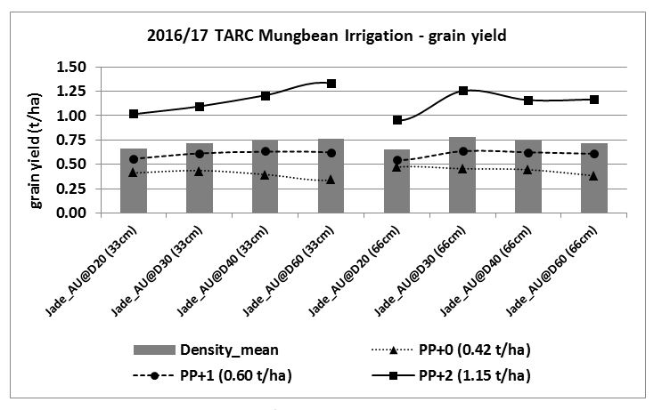 Graph (both column and line) showing grain yield response of Jade_AU   mungbean sown at four target plant density rates, two row spacing widths and grown under three irrigation treatments at Trangie ARC, 2016/17.