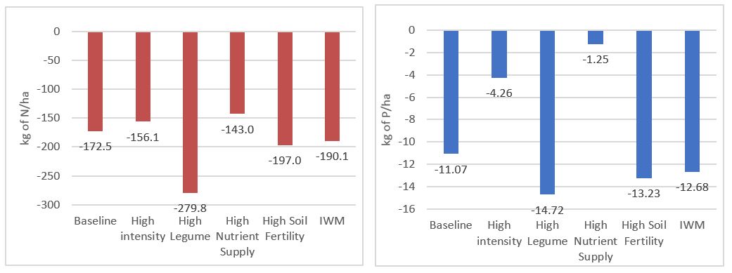 These two column graphs show the nitrogen and phosphorous (kg/ha) balance over the duration of the trial to date, based on nutrients applied and then removed with grain harvest.