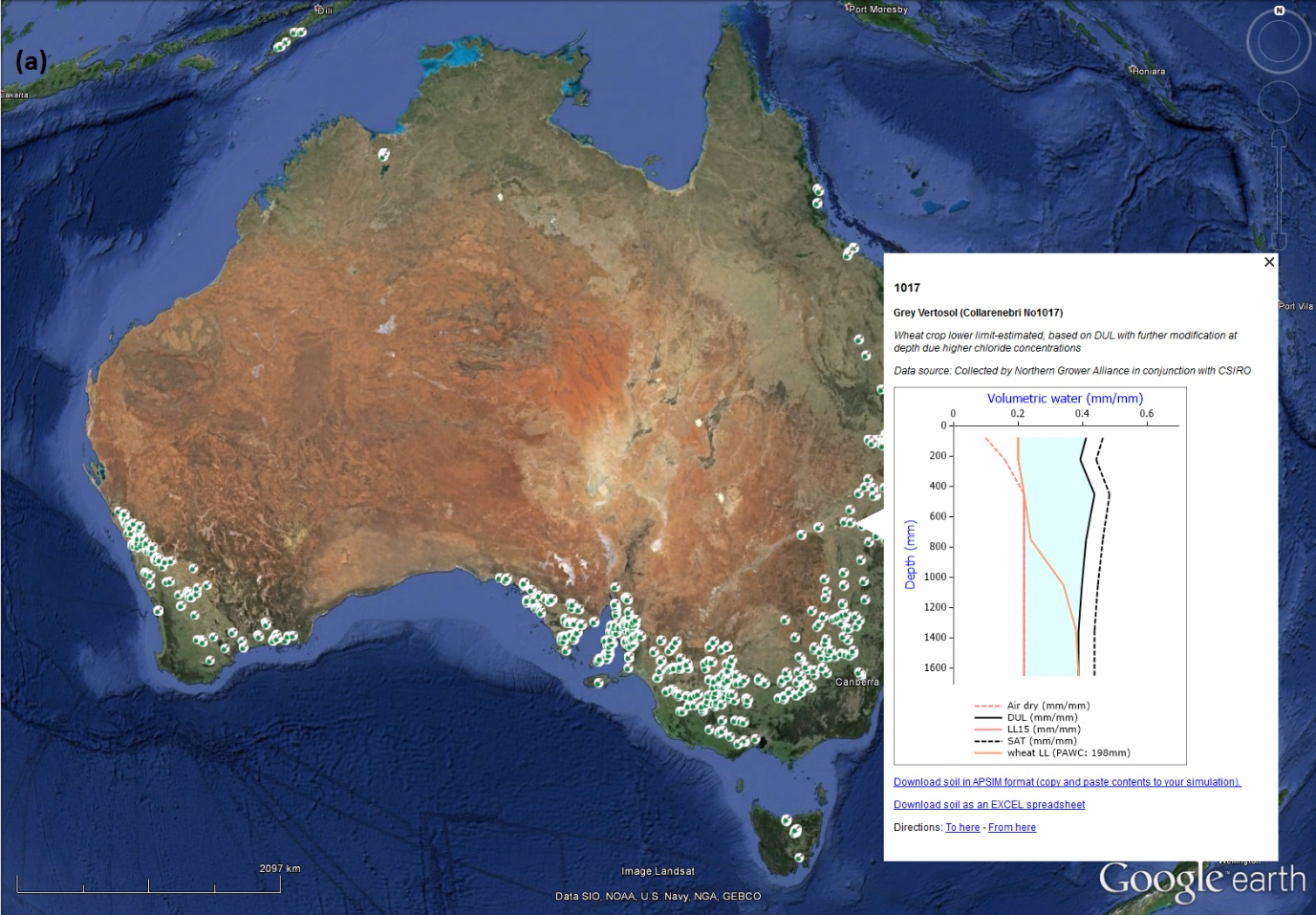 This map of Australia shows the ways to access to geo-referenced soil PAWC characterisations of the APSoil database via Google Earth 