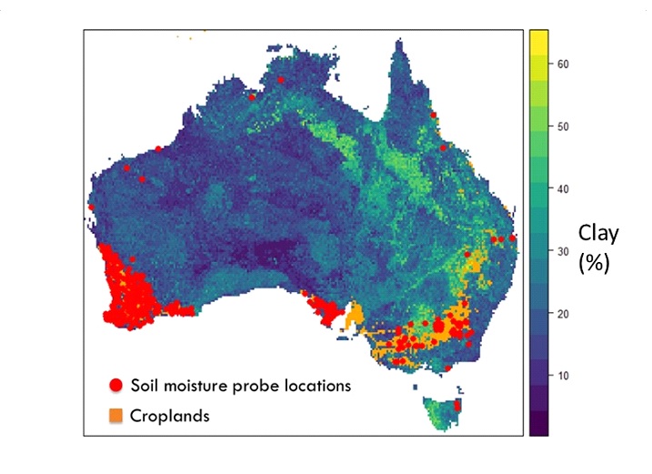 Figure 10. Map of Australia showing current soil moisture probe locations within overlaying cropland and topsoil clay maps.  