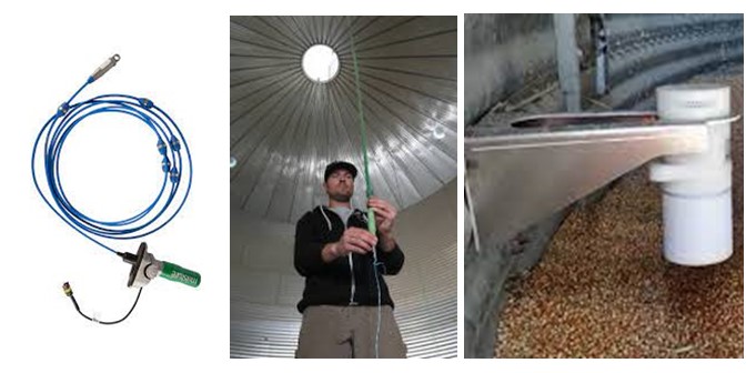 These three images show how cable or canister monitoring systems can be located inside a silo to monitor grain temperature, humidity or gases