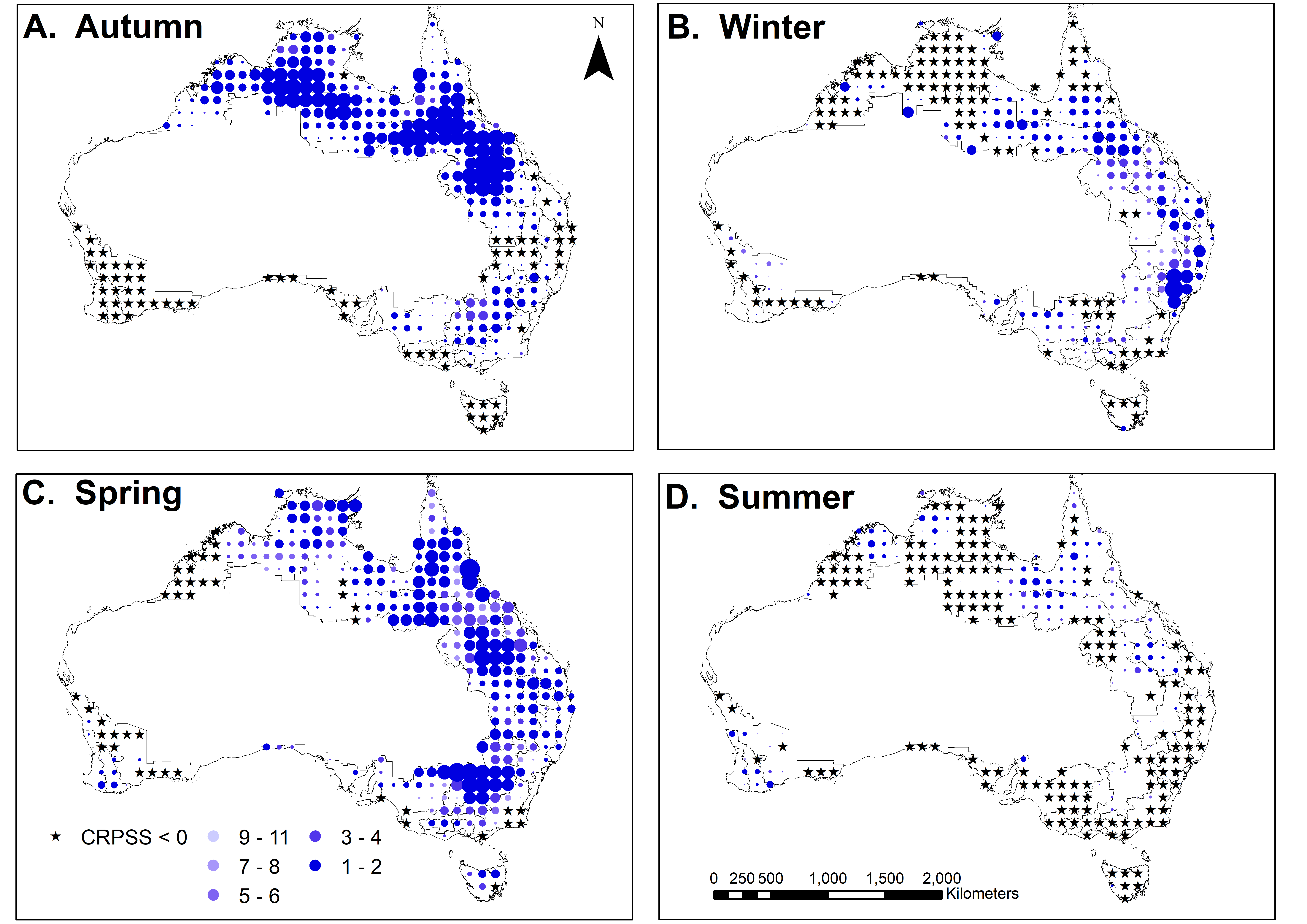 Four Pictures of a map of Australia showing rainfall in autumn, winter, spring and summer