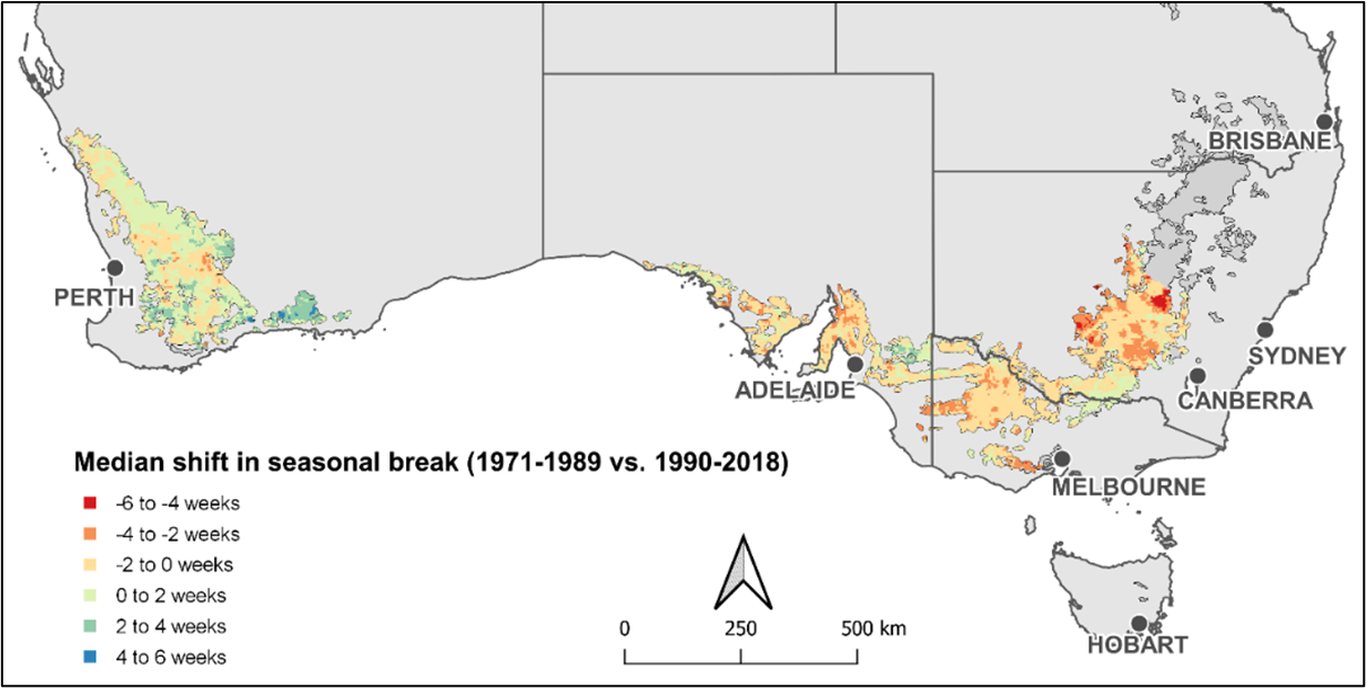 Figure 2. Median shift in seasonal break between the periods 1971—1989 and 1990—2018 in cropping regions throughout southern and western Australia based on the 7-day rolling sum of the rainfall:evaporation ratio (Flohr et al. 2021).