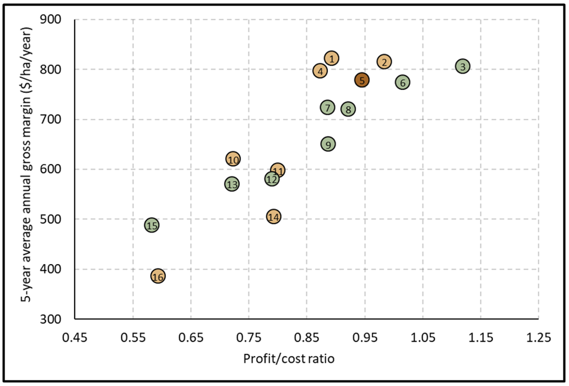 Graph showing average gross margins and profit to cost ratio for systems numbered in Table 1. Systems without legumes are light brown, the baseline is dark brown and systems with legumes in green.