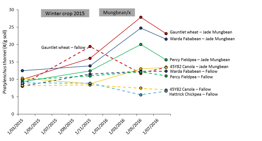 Figure 1. Changes in root lesion nematode population between different winter crops followed by either a long-fallow or a double-crop of Jade   mungbean