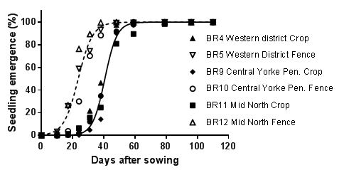 Line graph showing Differences in germination and seedling emergence pattern between cropped (closed symbols; solid line) and adjacent fence-line (open symbols; broken line) populations of great brome collected in 2015 across south-eastern Australia