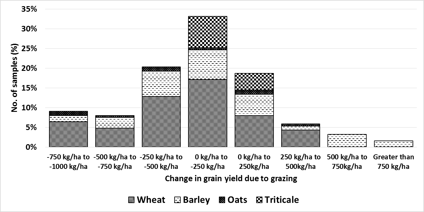 Figure 2 is a bar graph showing change in cereal grain yield (kg/ha) due to grazing for wheat, barley, oats and triticale (n=187).