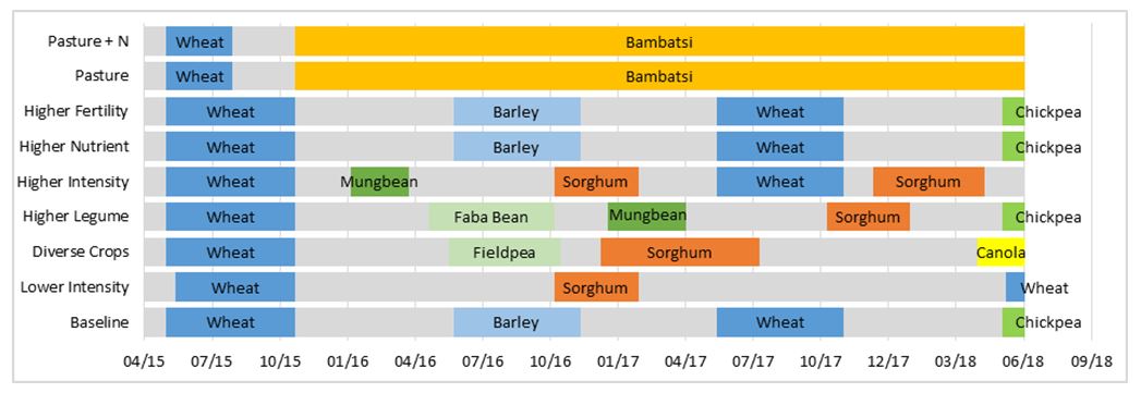 Picture shows timing of crops grown at the Billa Billa farming systems trial, presented on a time scale.