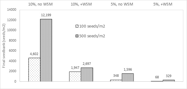 Column bar graph showing the final seedbank levels after twelve years of a wheat, barley and canola rotation with 5 or 10 per cent of weeds surviving until maturity, with and without the use of a weed seed mill and starting at 100 or 500 seeds per metre squared