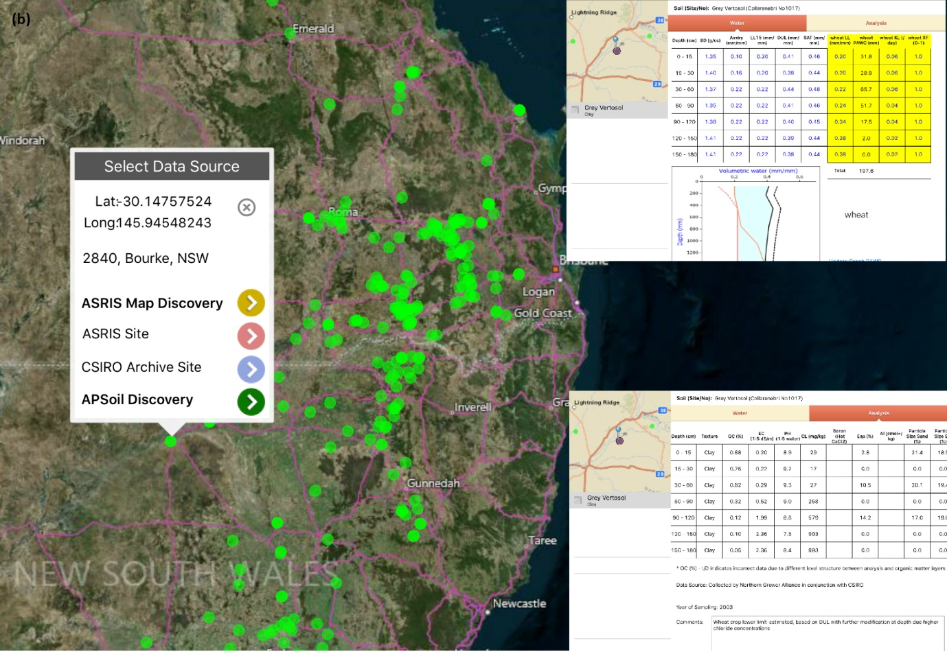 This map of the northern grains region shows the ways to access to geo-referenced soil PAWC characterisations of the APSoil database via SoilMapp (APSoil discovery screens as inserts).