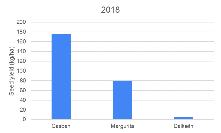This column graph illustrates the seed production (kg/ha) of Casbah biserrula, Margurita  French serradella and Dalkeith subterranean clover at a field site between Ungarie and Kikoira, NSW in 2018.