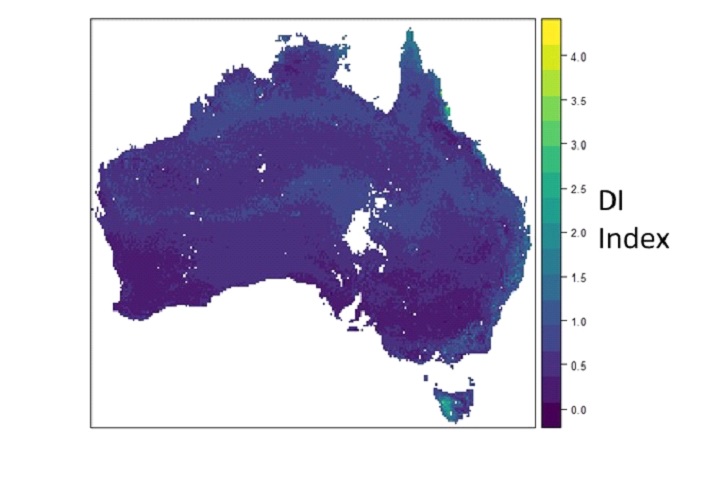 Figure 11. Map of Australia showing its dissimilarity Index: lower values show the minimum distance to training data in the multidimensional predictor space. Areas where there is no data are water bodies.