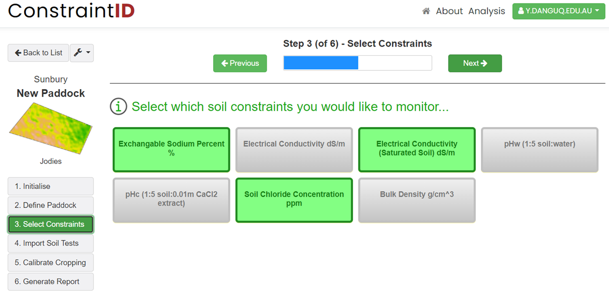 This image shows the third step of analysis- Select soil constraints