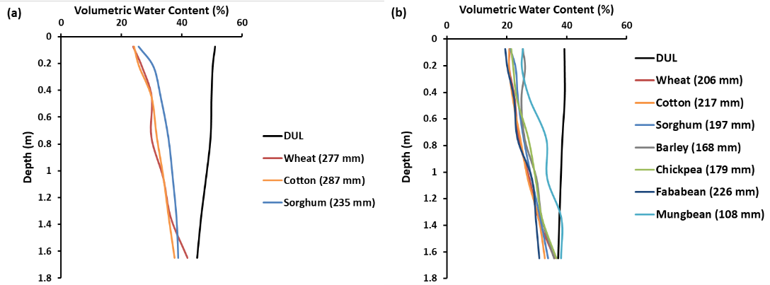 These two line graphs are models of the predicted CLL for different crops using equations from Hochman et al. (2001; Table 3) given the mean DUL for (a) Black Vertosols and (b) Grey Vertosols (Hochman et al. 2001, Table 1) as input.