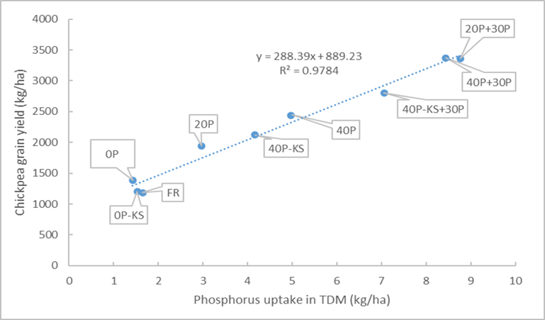 Scatter plot of grain yields versus plant uptake of phosphorus in total dry matter (TDM) across selected deep phosphorus treatments in the 2019 chickpea crop after reapplication.