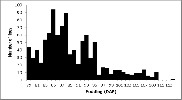 Figure 3a is a histogram showing distribution of podding amongst a range of >1000 diverse genotypes including closely related Cicer species and wild lines.