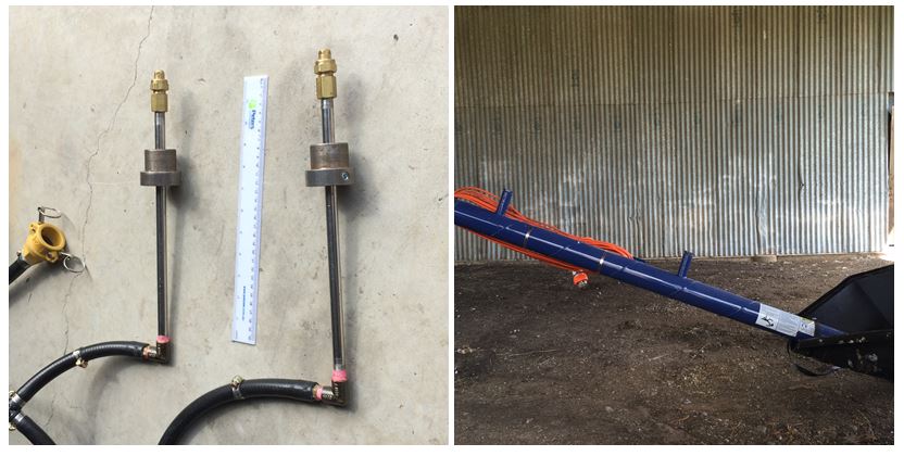 Figure 7 is a set of two photos which show spray application equipment designed for good coverage by applying treatment at two points in the auger