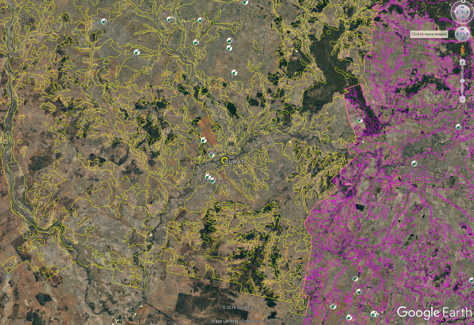 The map shows Land Resource Mapping (LRA) near Surat with APSoil sites. Roma LRA units are mapped yellow and Marilla, Tara and Chinchilla LRA in pink.