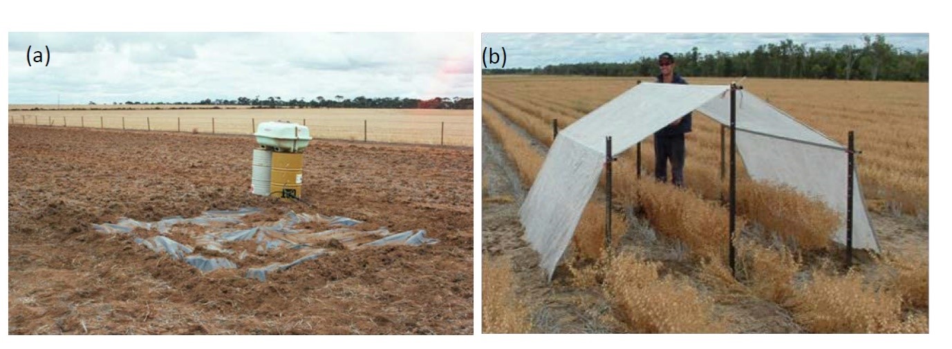 The photos show (a) Wetting up for DUL determination and (b) rainout shelter used for CLL determination (source: CSIRO).