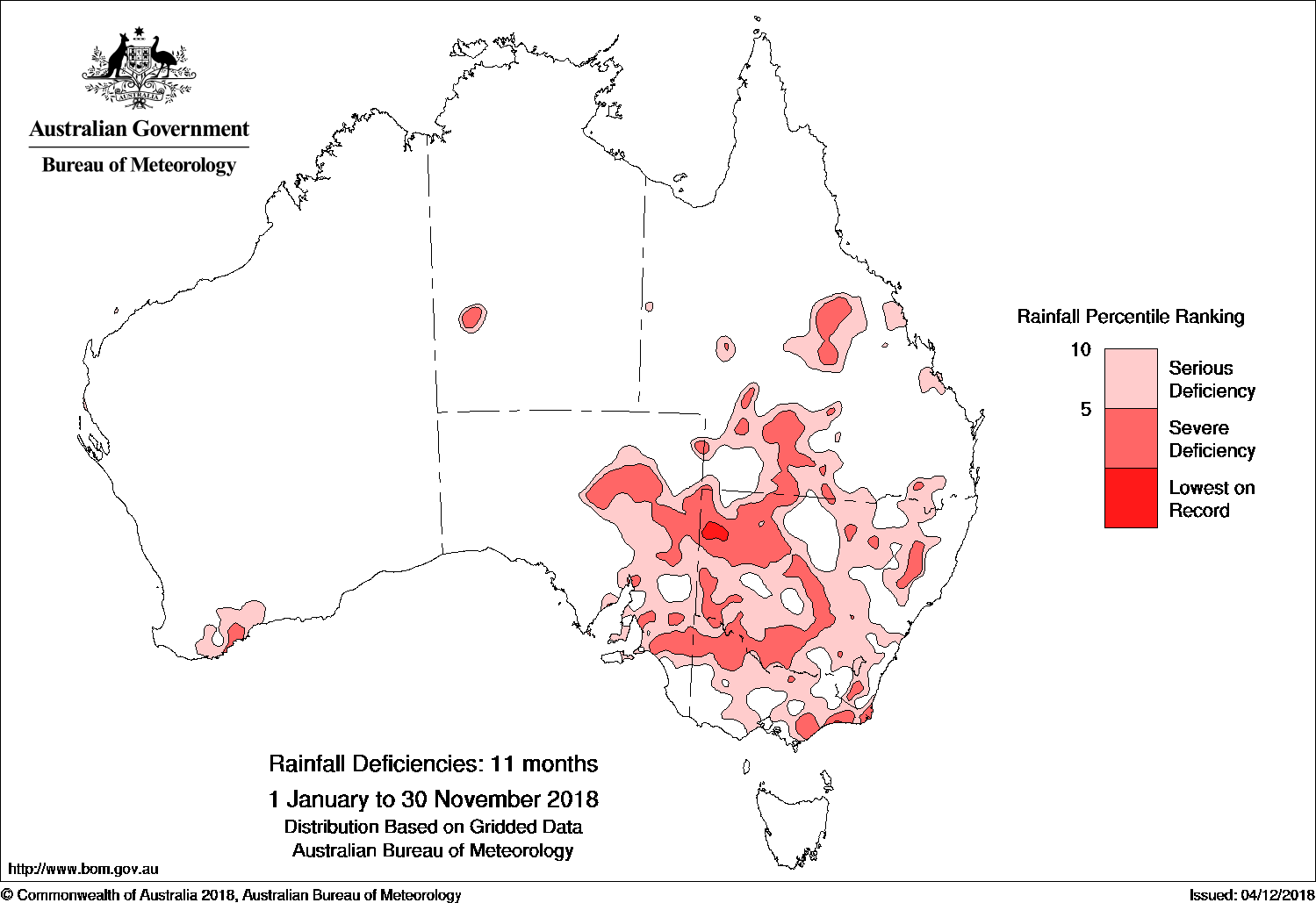This maps shows the rainfall deficiencies across Australia in 2018 (up until Nov 30) with regions shaded based on level of rainfall deficiency.