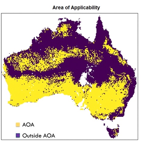 Figure 12. Map of Australia showing area of Applicability (AOA) for the model built using the soil moisture probe network data.