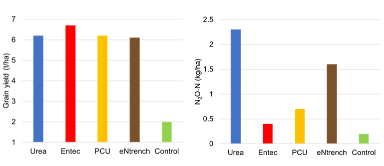 Two column graphs showing Sorghum grain yield and N2O production in the Northern Grains Zone in response to different N fertiliser products