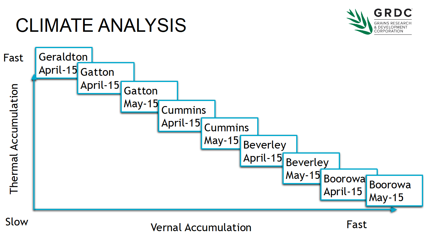 Chart showing a selection of sowing dates and sites used to characterise the vernal to thermal ratio for Australian canola cultivars.