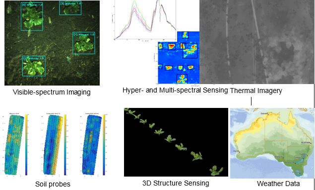 Includes visible-spectrum imaging, hyper and multi spectral sensing thermal imagery, soil probes, 3D structure sensing and weather data.