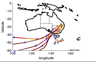 Figure 3A is a picture of Australia showing back track of air parcels for spring frost events at Miles Qld (1955 to 2014). The numbers refer to the days prior to the event