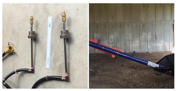 These photos show spray application equipment designed for good coverage by applying treatment at two points in the auger
