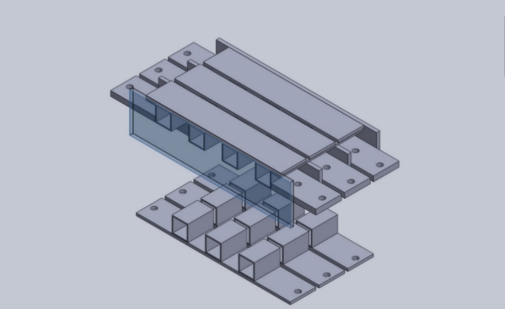 This is a computer generated image of a 3D view of the Aqua Till holding tray with interlocking plates for adjustable compression