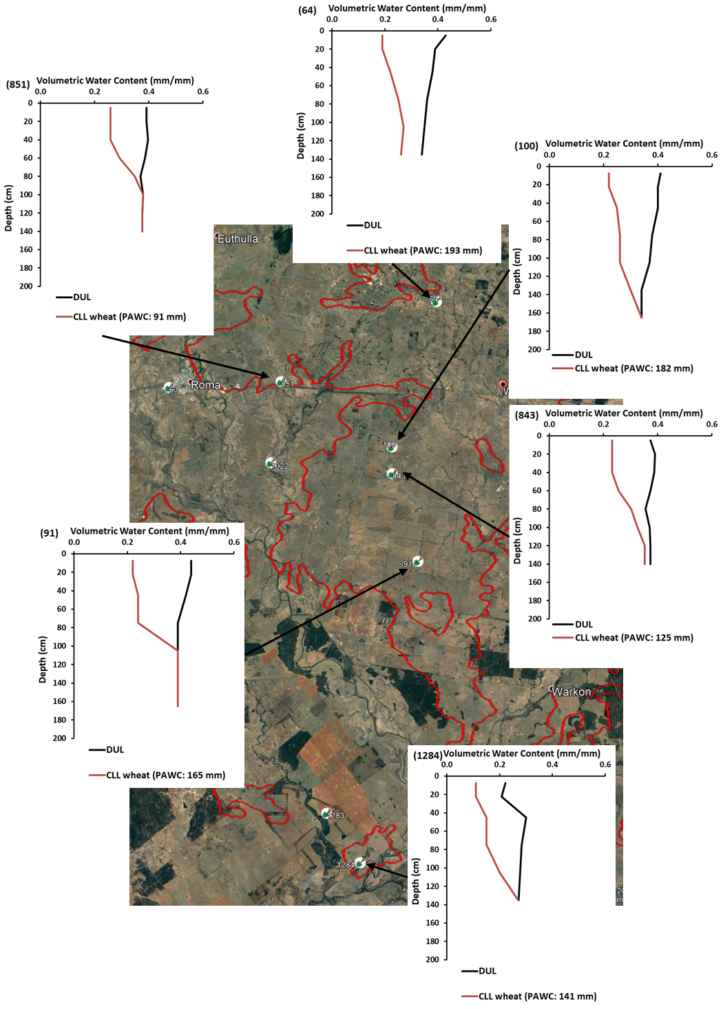 These pictures show the APSoil records from the Brigalow Uplands LRA unit (highlighted green) from Roma LRA mapping