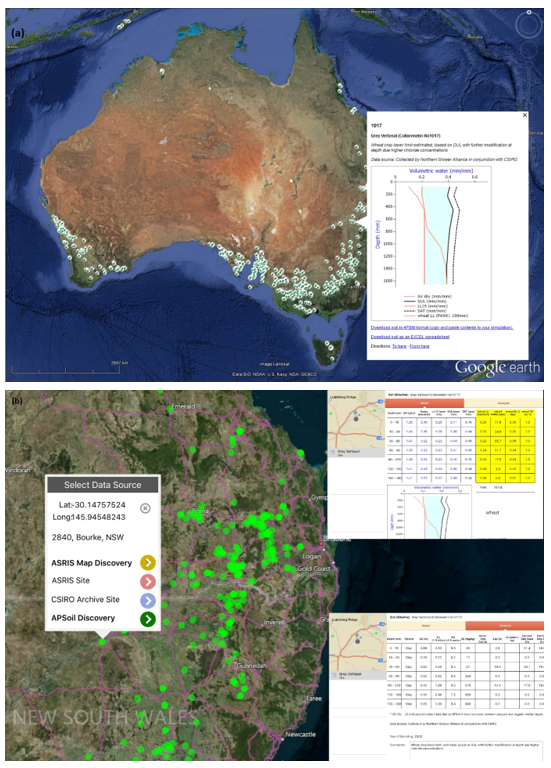 This shows access to geo-referenced soil PAWC characterisations of the APSoil database via (top) Google Earth and (bottom) SoilMapp (APSoil discovery screens as inserts).