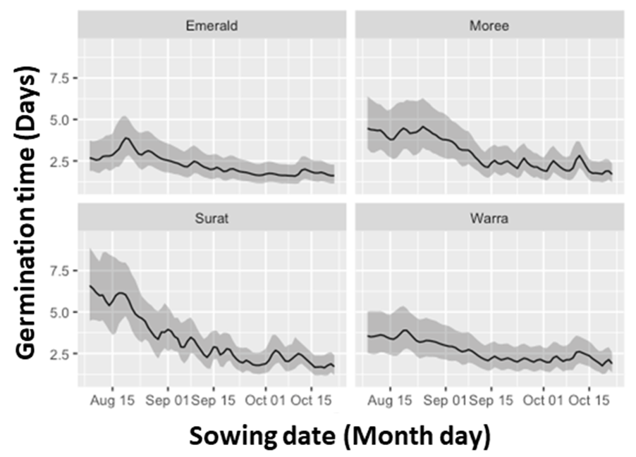These four line graphs show the predicted number of days from sowing until germination for sowing dates between 1st August and November 2018 based on seedbed temperatures recorded at four on-farm trial sites.  Black line shows 50% seed germination and the grey shading shows the spread from 10 to 90% germinated seeds. (Note: data is for seed germination and not for crop emergence which will take far longer)